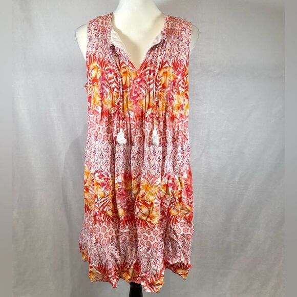 Old Navy Hawaiian luau pink tuck pleated tropical shift sundress size large - Picture 1 of 6